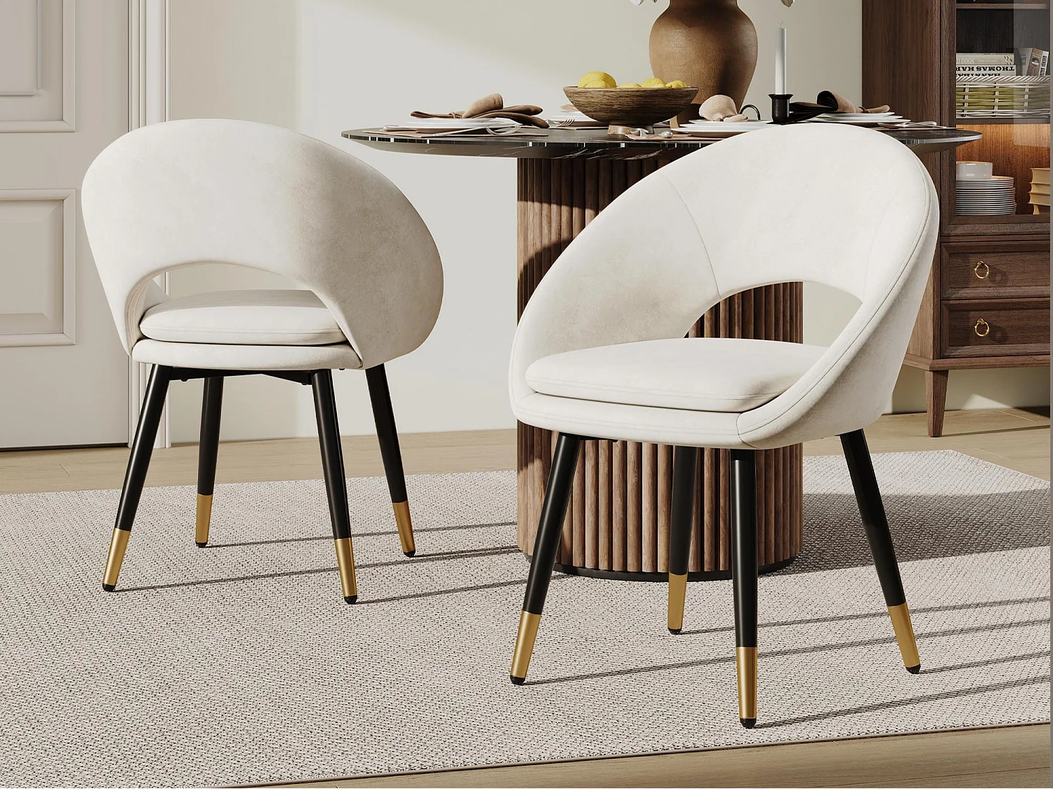 Lot de 2 chaises - Avec dossier ergonomique - Style moderne - Tissu velours - Beige