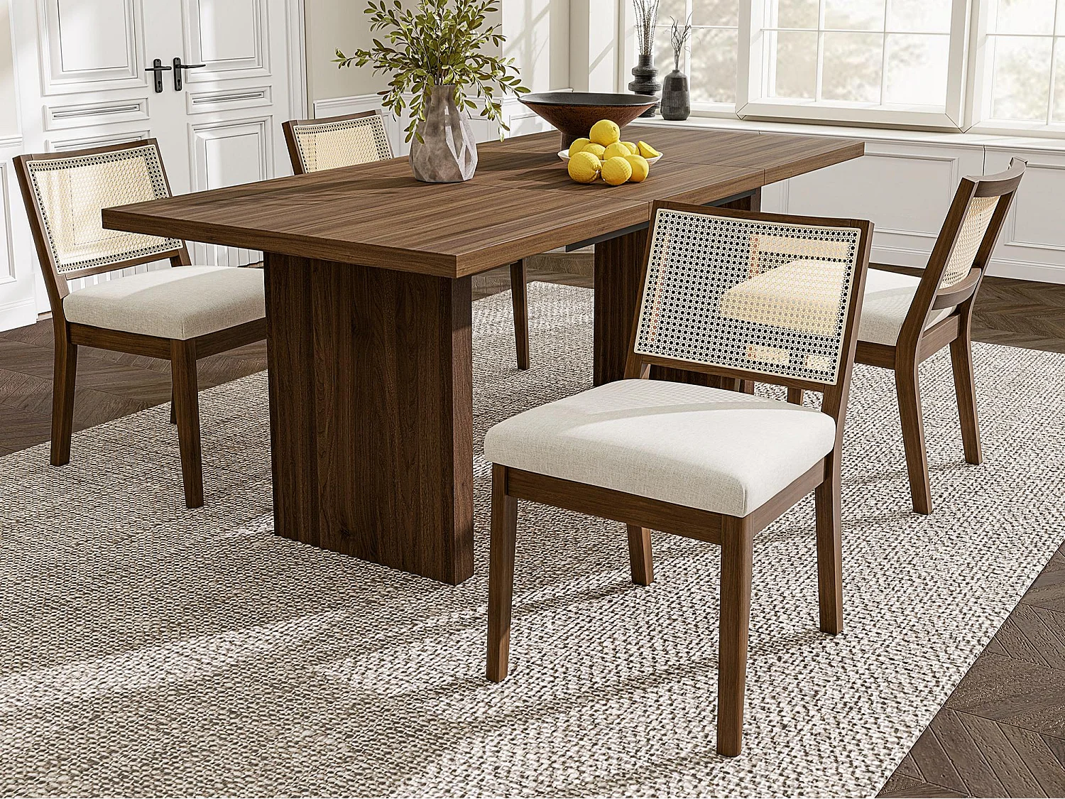 Kit di 4 sedie in legno massello - Schienale in rattan - Cuscini seduta in lino - Colore noce