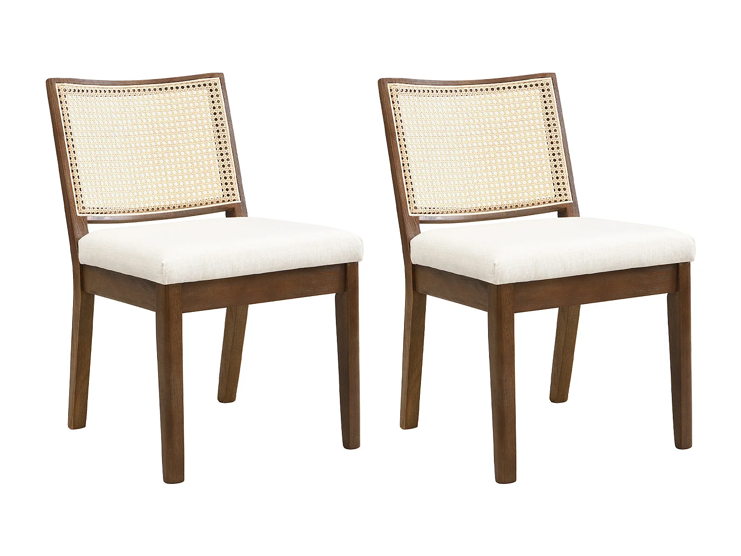 Kit di 4 sedie in legno massello - Schienale in rattan - Cuscini seduta in lino - Colore noce