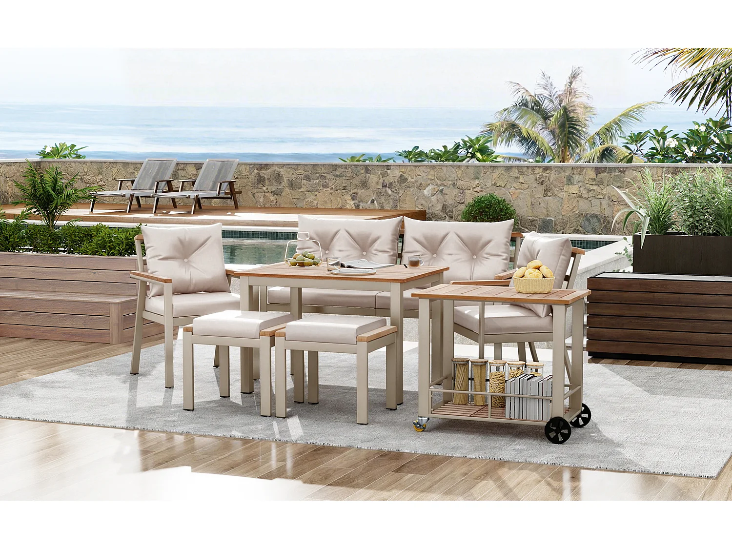 Ensemble salon de jardin 6-7 places - avec fauteuils + desserte amovible + table + chaises - métal - beige