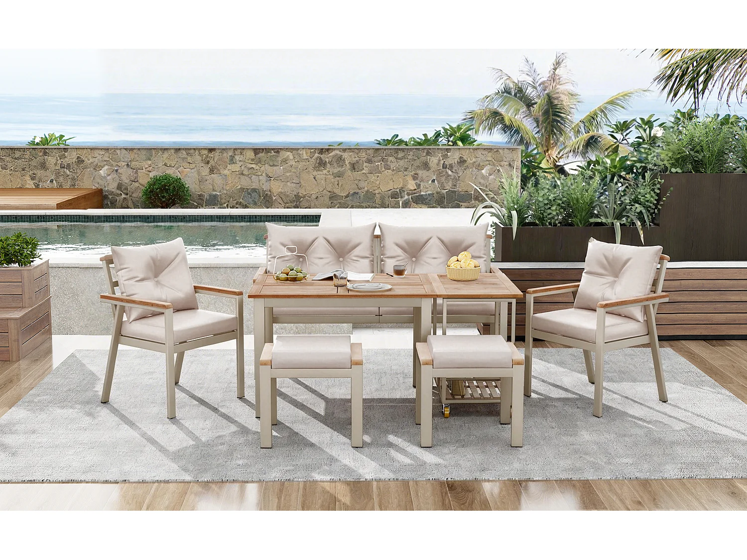 Ensemble salon de jardin 6-7 places - avec fauteuils + desserte amovible + table + chaises - métal - beige