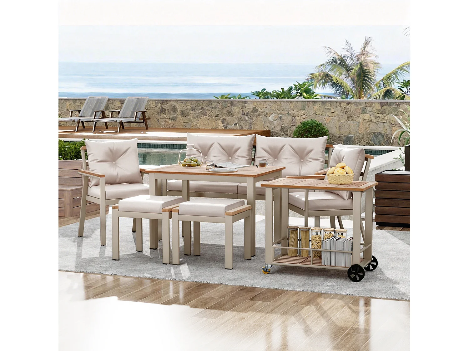 Ensemble salon de jardin 6-7 places - avec fauteuils + desserte amovible + table + chaises - métal - beige