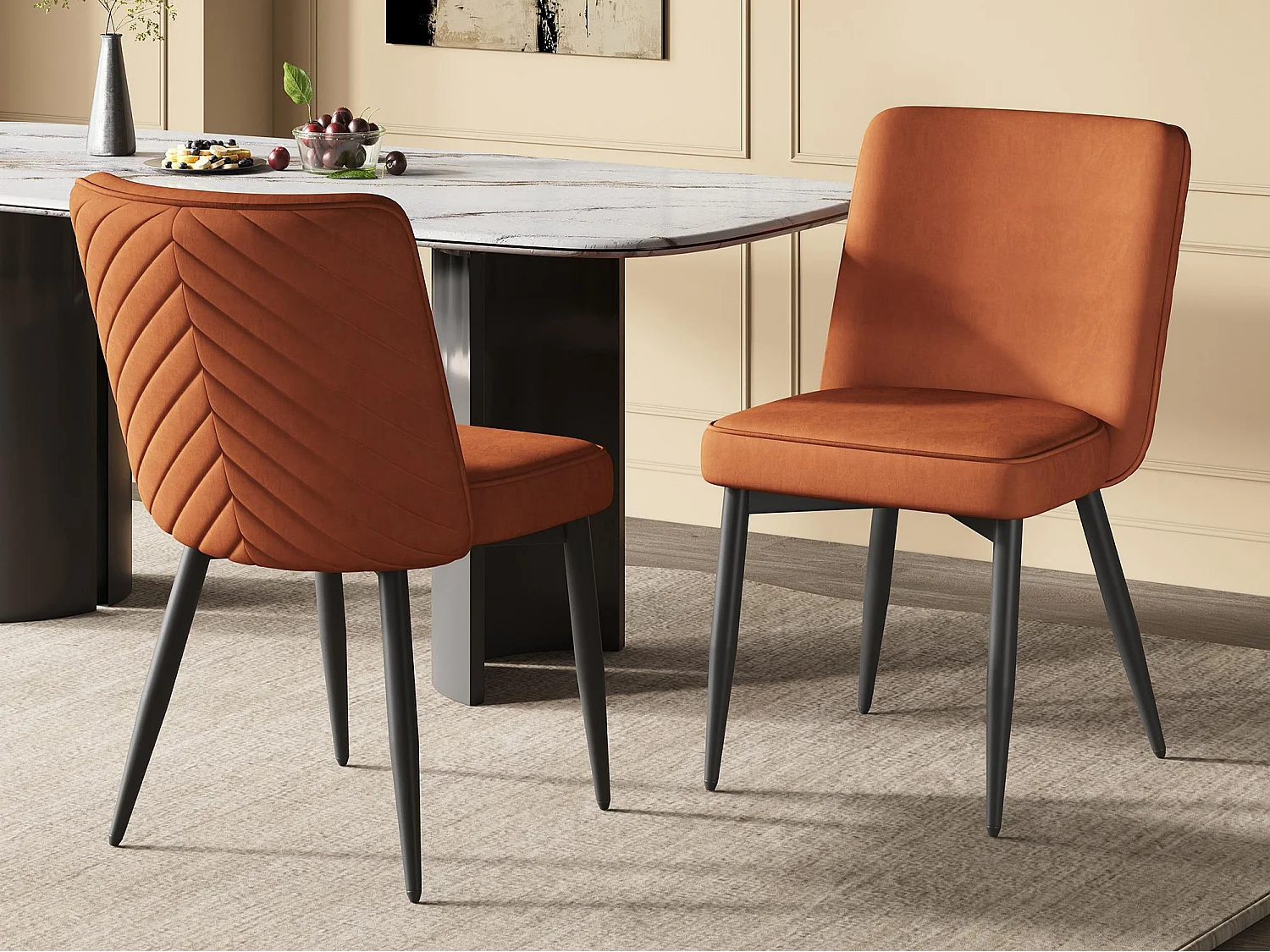 Kit di 2 sedie - Con schienali comodi - Stile moderno - Tessuto velluto - Arancione scuro