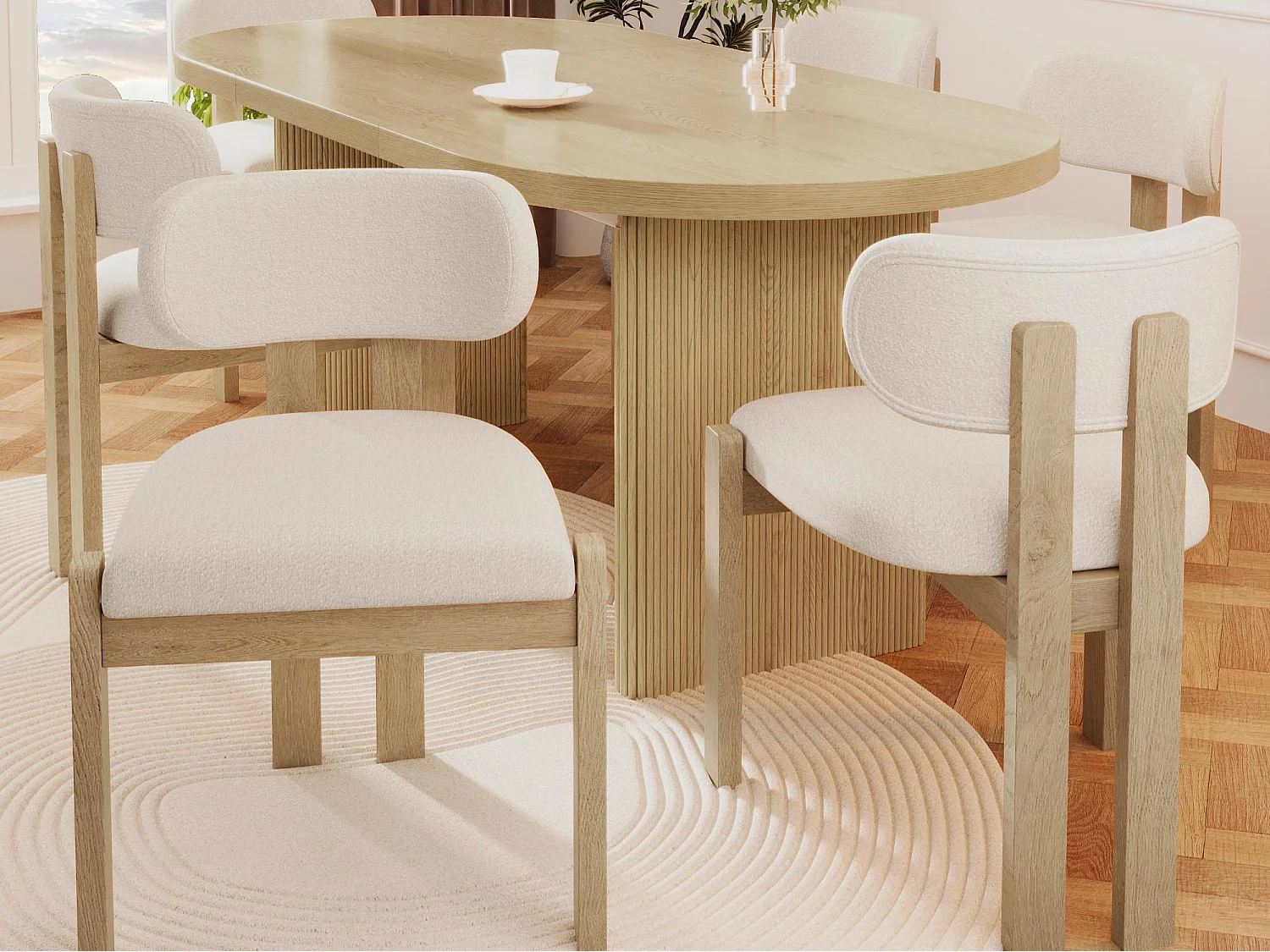 Satz mit 6 Massivholz-Stühlen - Moderner Stil - Bequeme Rückenlehne - Gestell aus Massivholz - Bouclé-Stoff - Natur