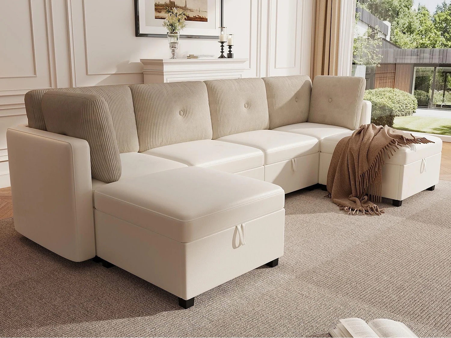 Sofa für 6 Personen in U-Form - mit Stauraum - vielseitig umwandelbar - Samt + Rippensamt - beige