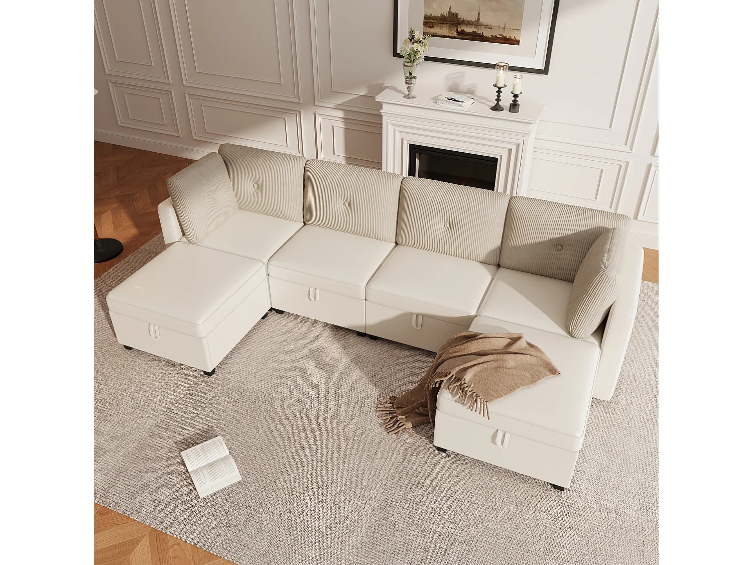 Sofa für 6 Personen in U-Form - mit Stauraum - vielseitig umwandelbar - Samt + Rippensamt - beige