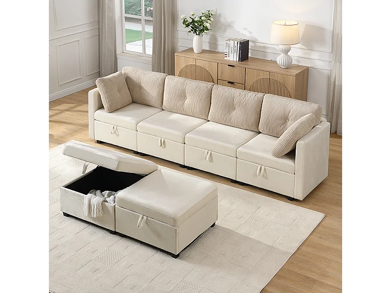 Sofa für 6 Personen in U-Form - mit Stauraum - vielseitig umwandelbar - Samt + Rippensamt - beige