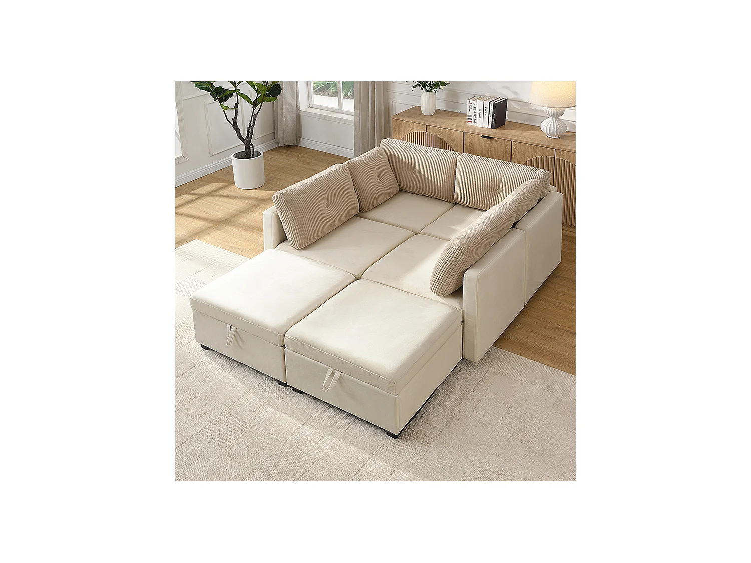 Sofa für 6 Personen in U-Form - mit Stauraum - vielseitig umwandelbar - Samt + Rippensamt - beige