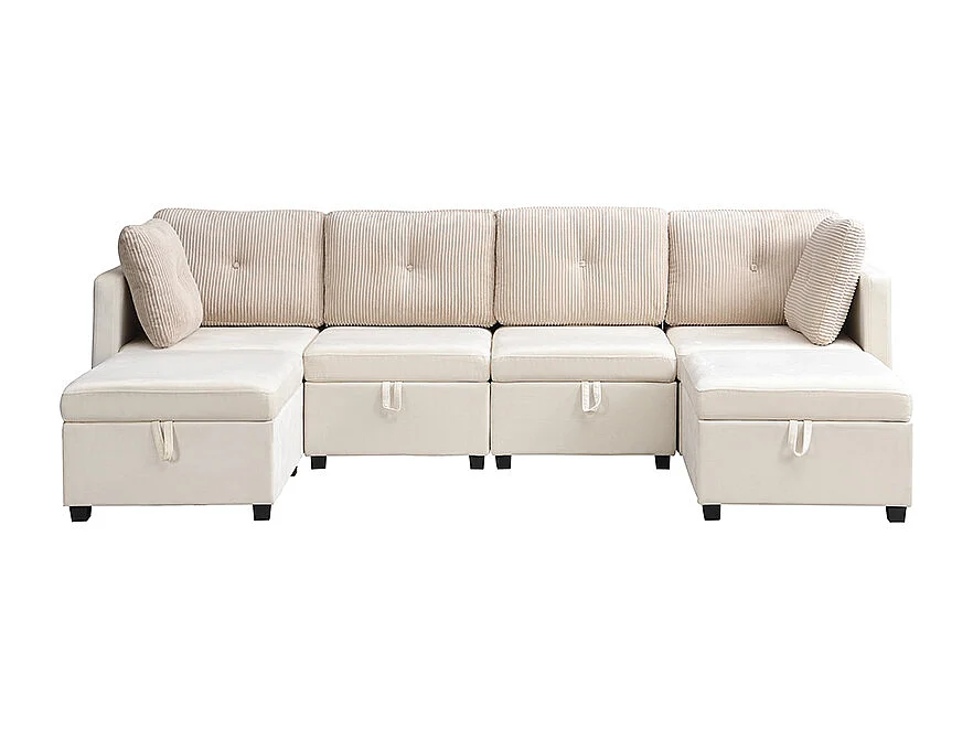 Sofa für 6 Personen in U-Form - mit Stauraum - vielseitig umwandelbar - Samt + Rippensamt - beige