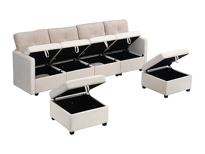 Sofa für 6 Personen in U-Form - mit Stauraum - vielseitig umwandelbar - Samt + Rippensamt - beige