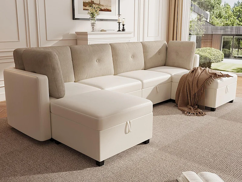 Sofa für 6 Personen in U-Form - mit Stauraum - vielseitig umwandelbar - Samt + Rippensamt - beige