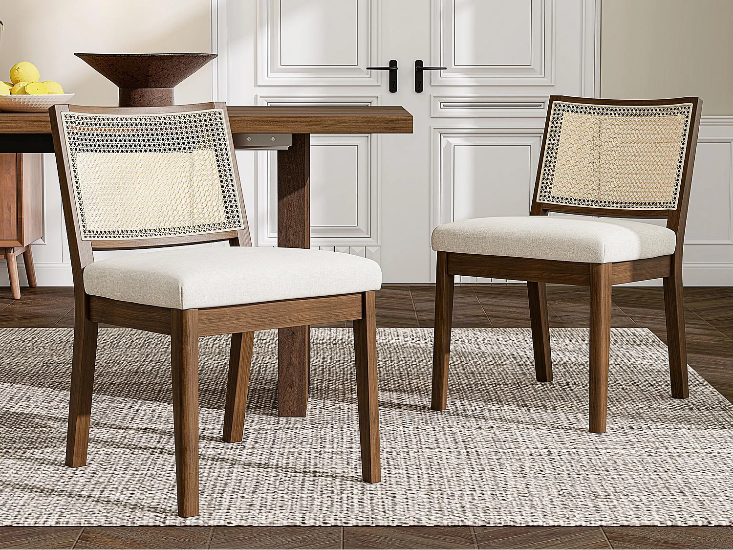 Kit di 2 sedie in legno massello - Schienale in rattan - Cuscini seduta in lino - Colore noce