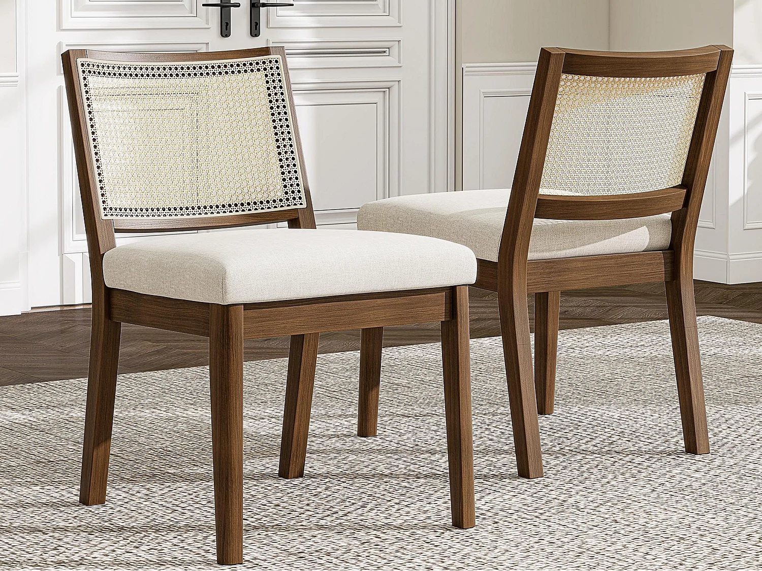 Kit di 2 sedie in legno massello - Schienale in rattan - Cuscini seduta in lino - Colore noce