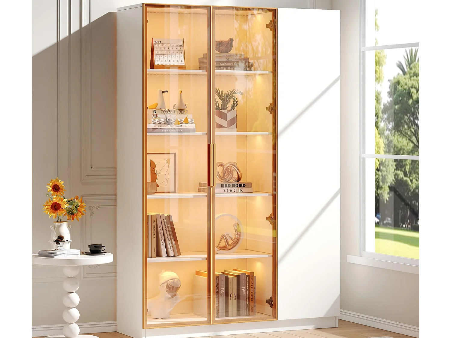 Glasvitrine 165 cm hoch - LED-Beleuchtung - 3 Türen - Höhenverstellbare Einlegeböden - MDF + Spanplatten - Weiß