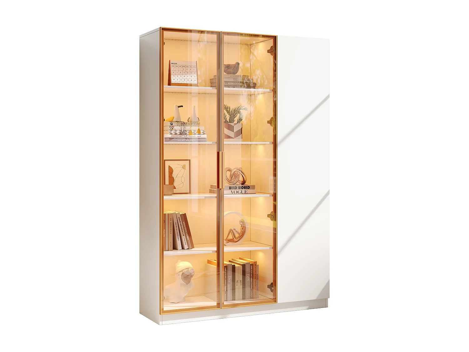 Glasvitrine 165 cm hoch - LED-Beleuchtung - 3 Türen - Höhenverstellbare Einlegeböden - MDF + Spanplatten - Weiß