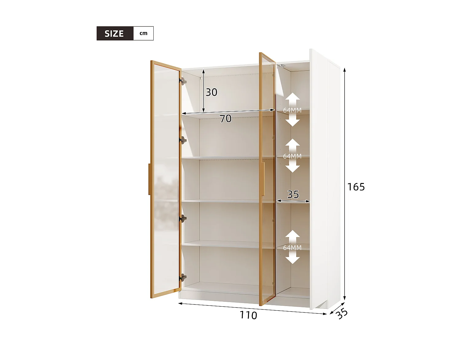 Glasvitrine 165 cm hoch - LED-Beleuchtung - 3 Türen - Höhenverstellbare Einlegeböden - MDF + Spanplatten - Weiß