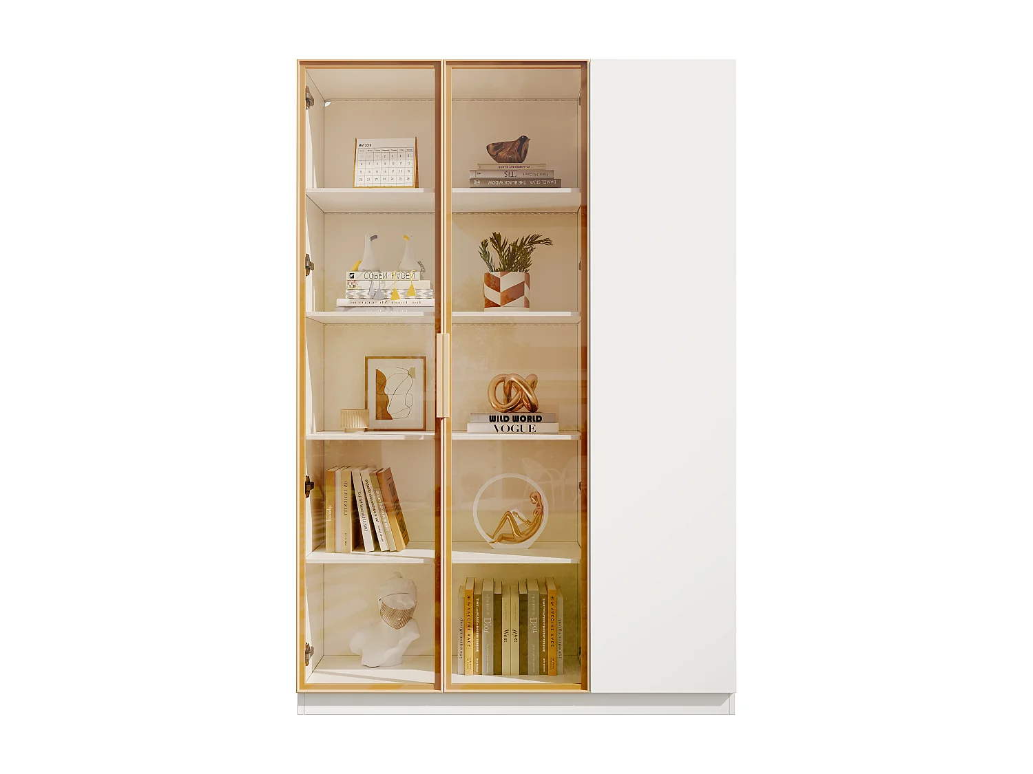 Glasvitrine 165 cm hoch - LED-Beleuchtung - 3 Türen - Höhenverstellbare Einlegeböden - MDF + Spanplatten - Weiß