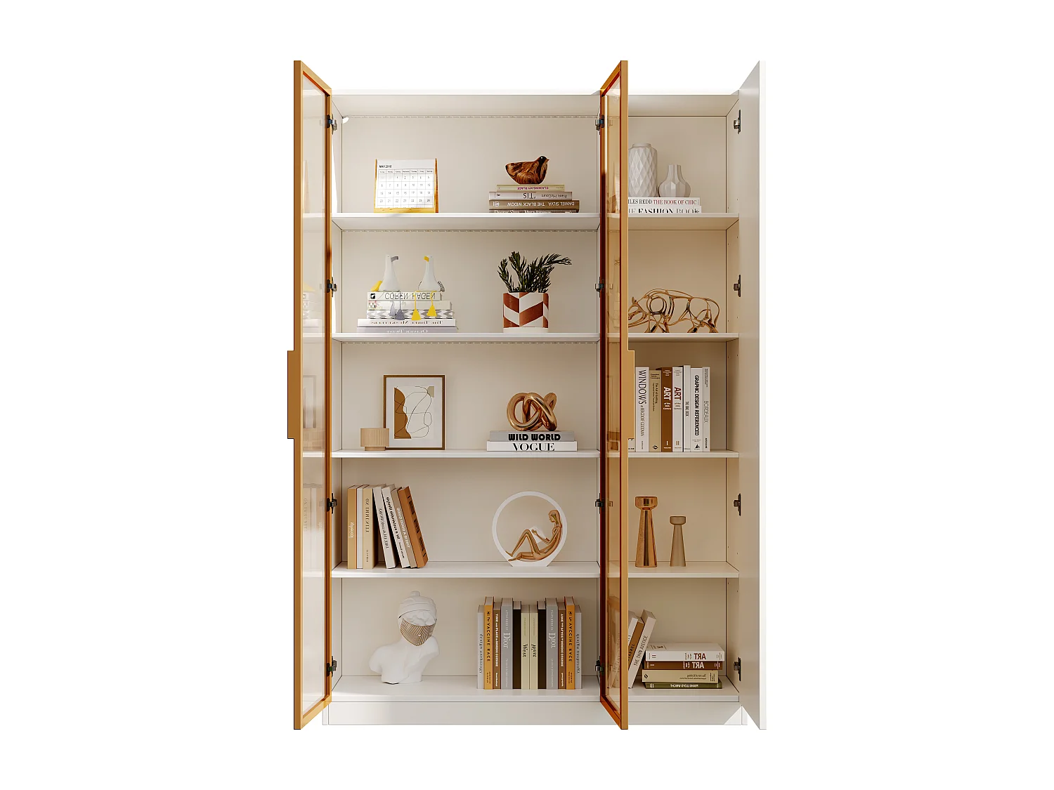 Glasvitrine 165 cm hoch - LED-Beleuchtung - 3 Türen - Höhenverstellbare Einlegeböden - MDF + Spanplatten - Weiß