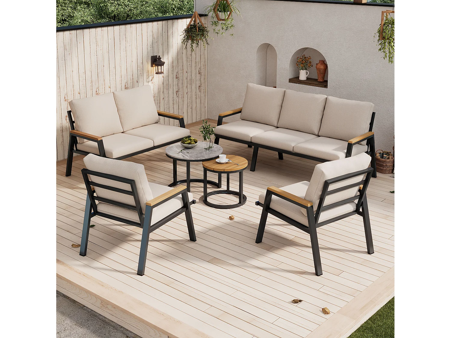 7-teiliges Gartenmöbelset – mit Kissen + 2 Sofas + 2 Sesseln + 2 Tischen – Polyester – Grau