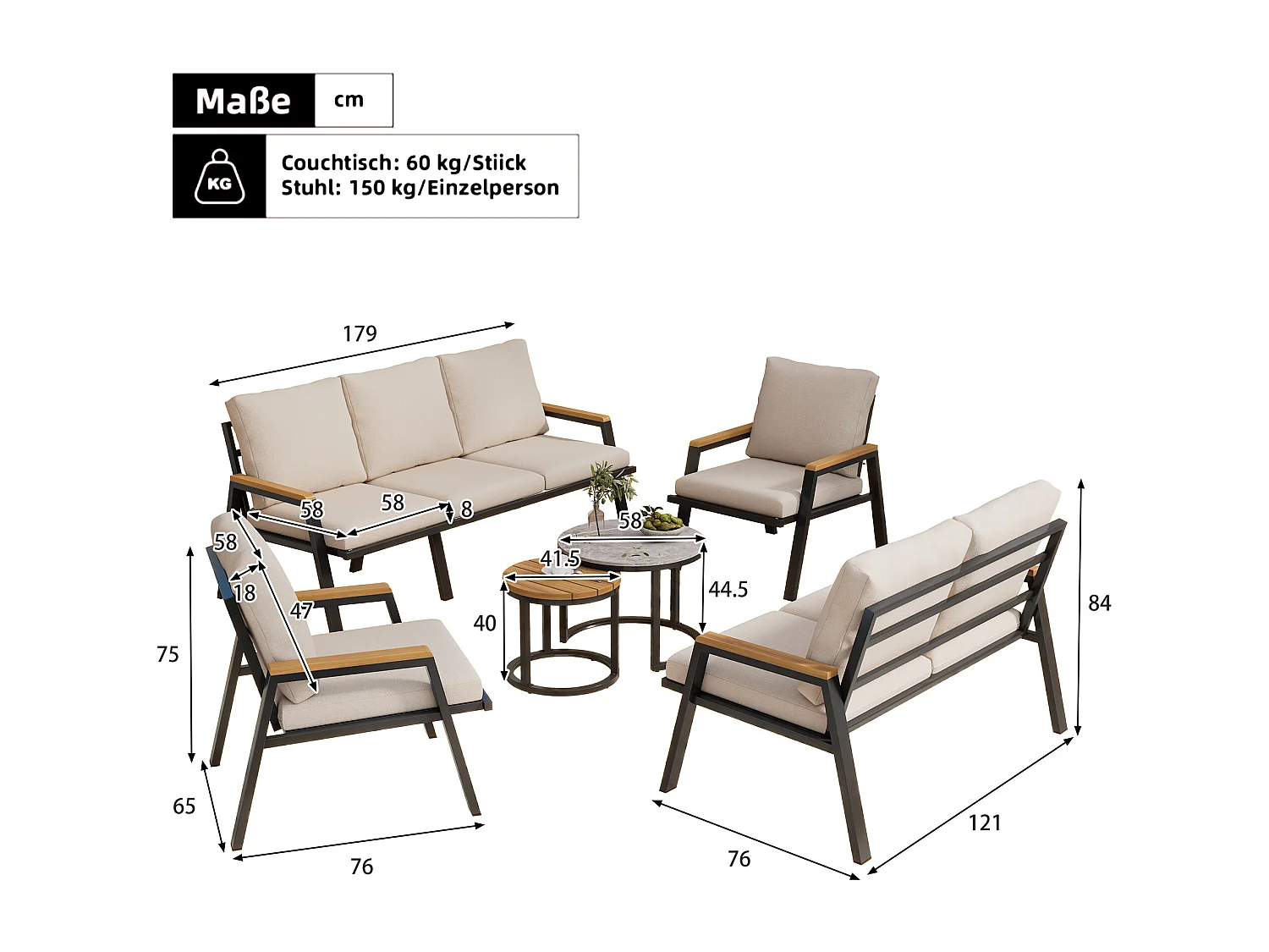 7-teiliges Gartenmöbelset – mit Kissen + 2 Sofas + 2 Sesseln + 2 Tischen – Polyester – Grau