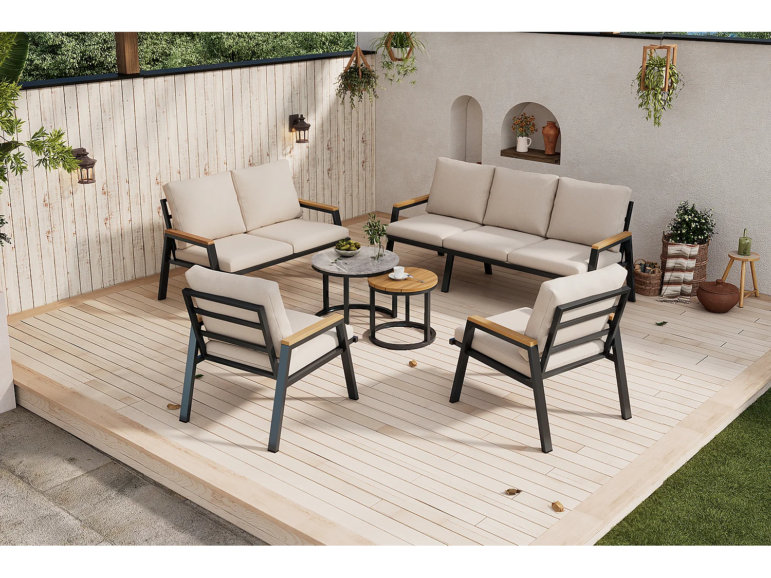 7-teiliges Gartenmöbelset – mit Kissen + 2 Sofas + 2 Sesseln + 2 Tischen – Polyester – Grau