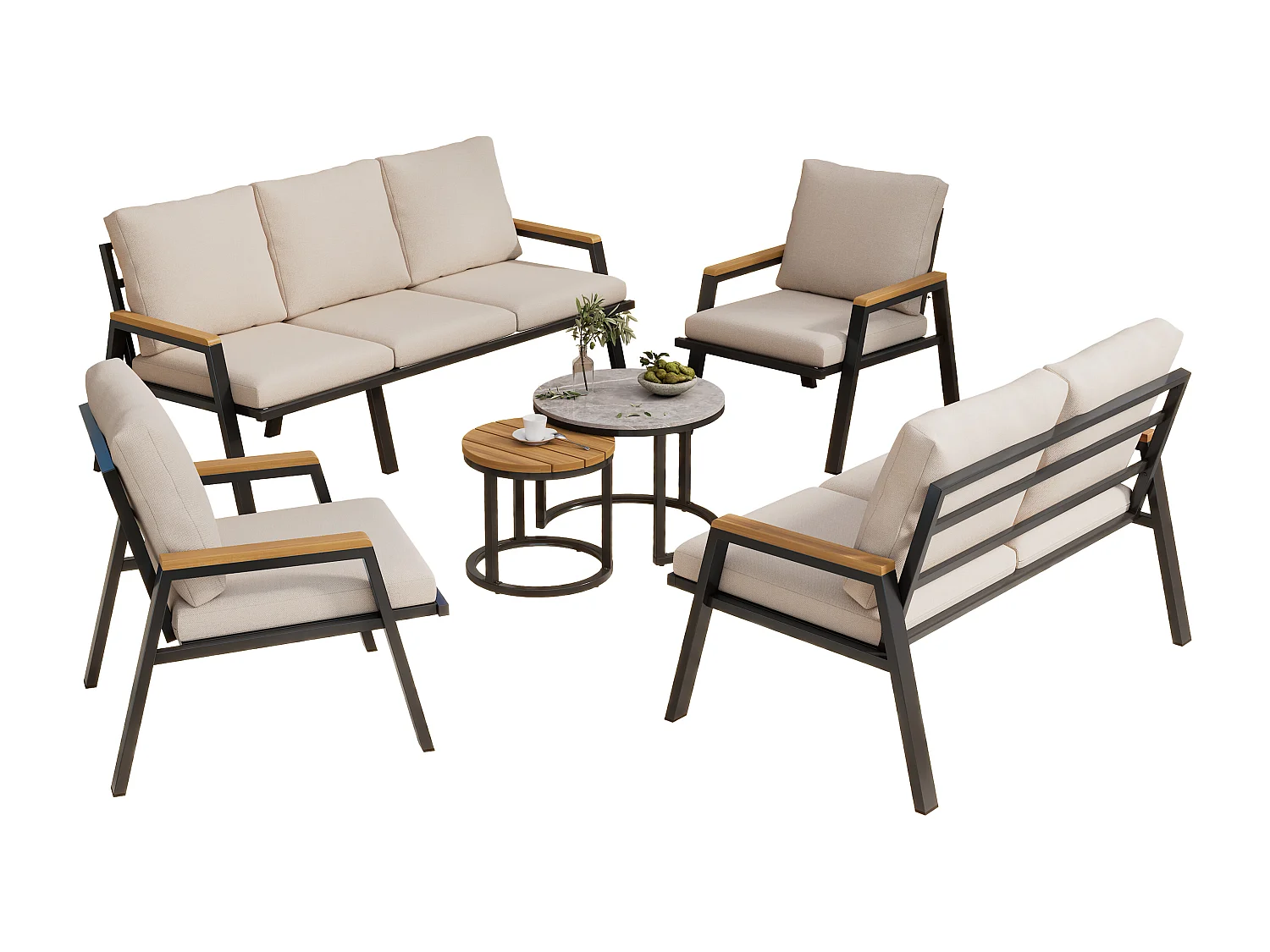7-teiliges Gartenmöbelset – mit Kissen + 2 Sofas + 2 Sesseln + 2 Tischen – Polyester – Grau