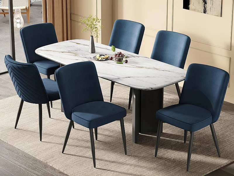 Lote de 6 sillas - Con respaldos cómodos - Estilo moderno - Tejido de terciopelo - Azul oscuro