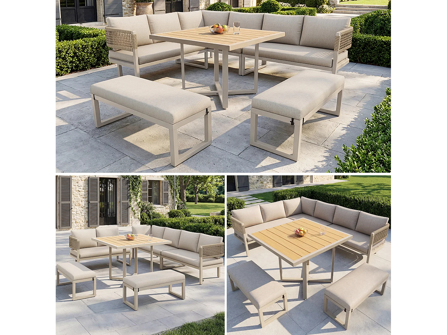 Garten-Salon, Möbelset für 8-10 Personen - Ecksofa - aus verzinktem Eisen - Esstische aus Kunstholz - Bank, Beige