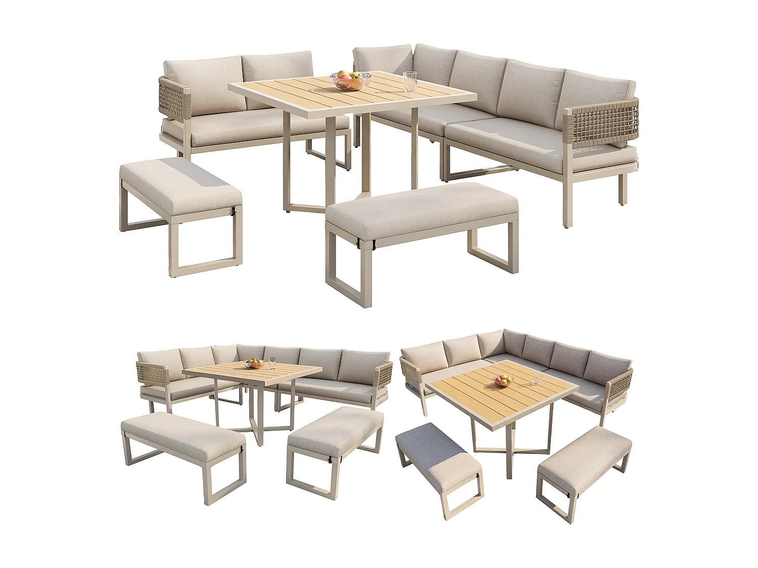 Garten-Salon, Möbelset für 8-10 Personen - Ecksofa - aus verzinktem Eisen - Esstische aus Kunstholz - Bank, Beige