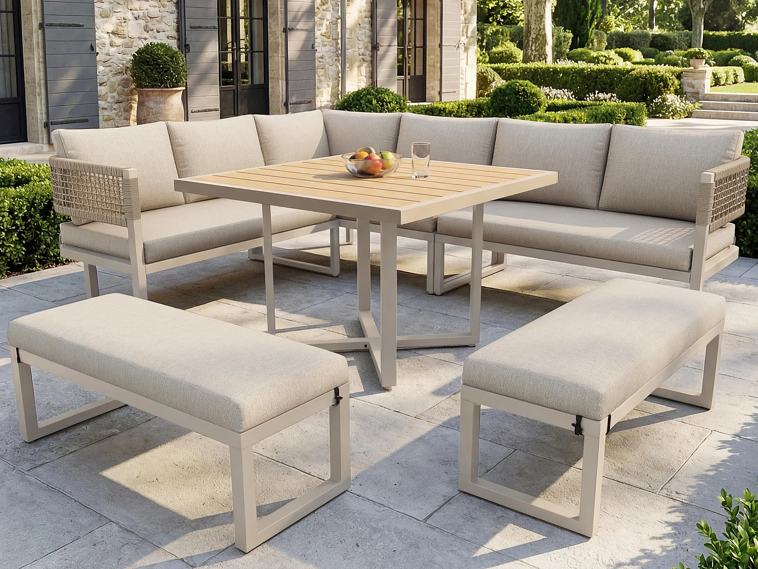 Salon de jardin, ensemble de meubles pour 8-10 personnes - canapé d'angle - en fer galvanisé - tables manger en bois-plastique - banc, Beige