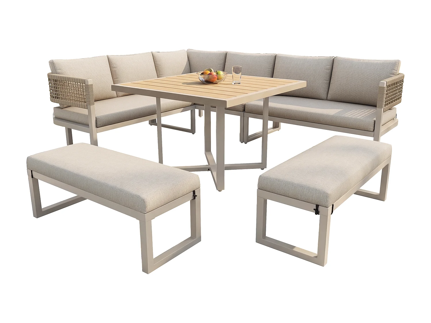 Salon de jardin, ensemble de meubles pour 8-10 personnes - canapé d'angle - en fer galvanisé - tables manger en bois-plastique - banc, Beige