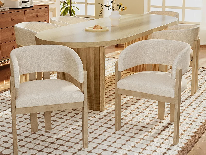 Satz mit 6 Massivholz-Stühlen mit Armlehnen - Gestell aus Massivholz - Bouclé-Stoff - Natur