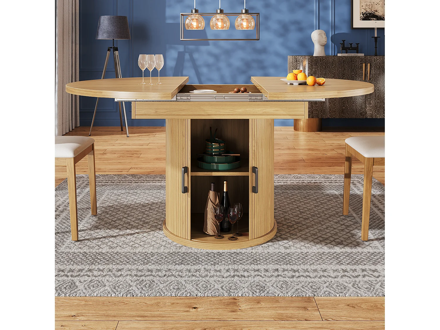 Table de salle à manger extensible 6 places - 118 /158 x 118 x 76.8 cm - avec rangement - MDF - naturel