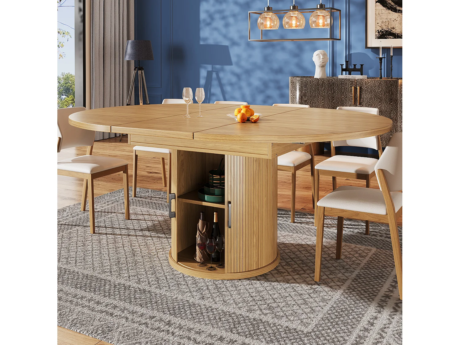 Table de salle à manger extensible 6 places - 118 /158 x 118 x 76.8 cm - avec rangement - MDF - naturel