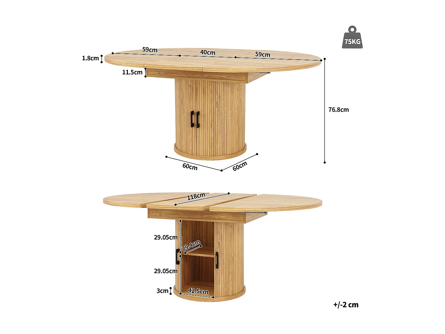 Table de salle à manger extensible 6 places - 118 /158 x 118 x 76.8 cm - avec rangement - MDF - naturel