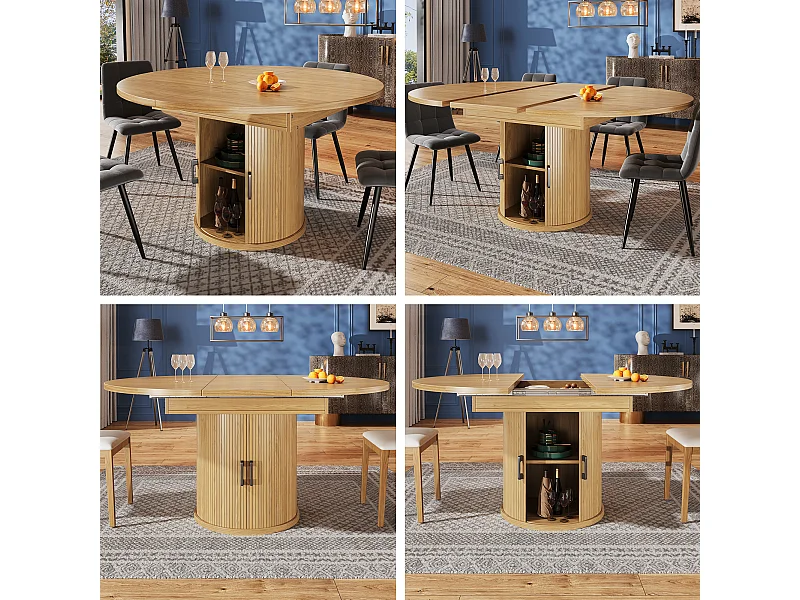 Table de salle à manger extensible 6 places - 118 /158 x 118 x 76.8 cm - avec rangement - MDF - naturel