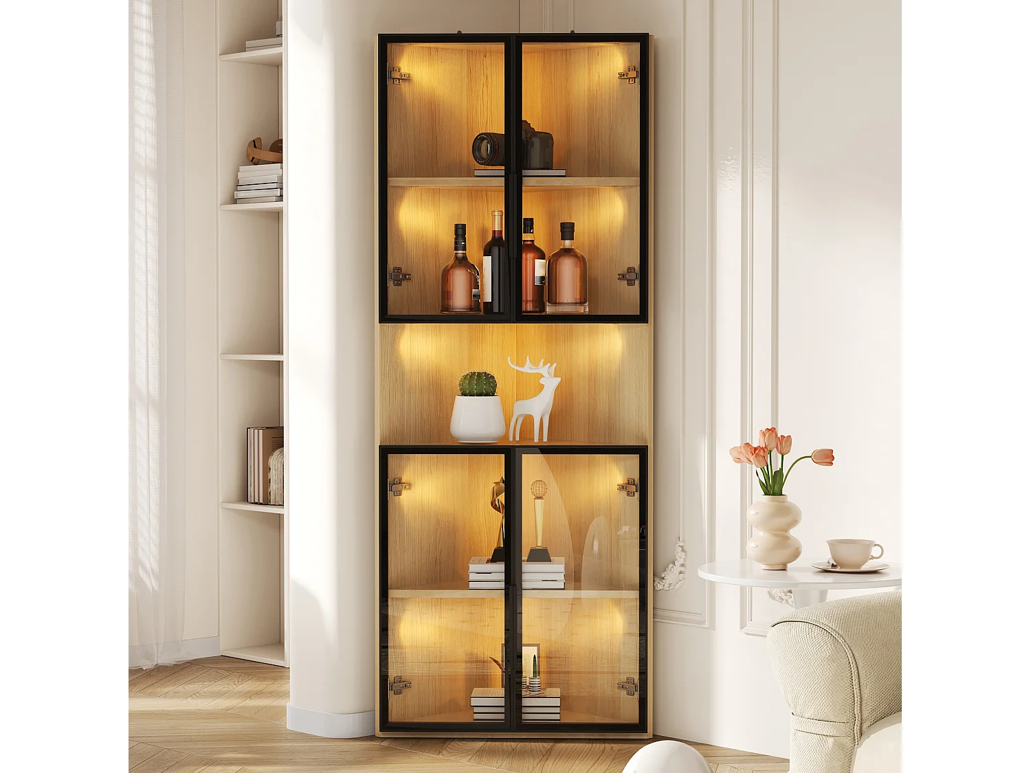 Vitrine 62x32x160 cm - mit LED-Beleuchtung - 4 Türen aus Sicherheitsglas - Eichen-Oberfläche - MDF - Natur