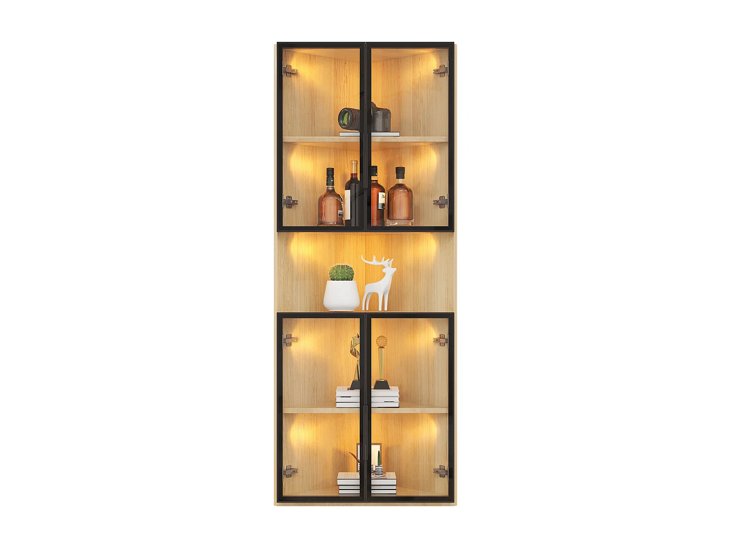 Vitrine 62x32x160 cm - mit LED-Beleuchtung - 4 Türen aus Sicherheitsglas - Eichen-Oberfläche - MDF - Natur