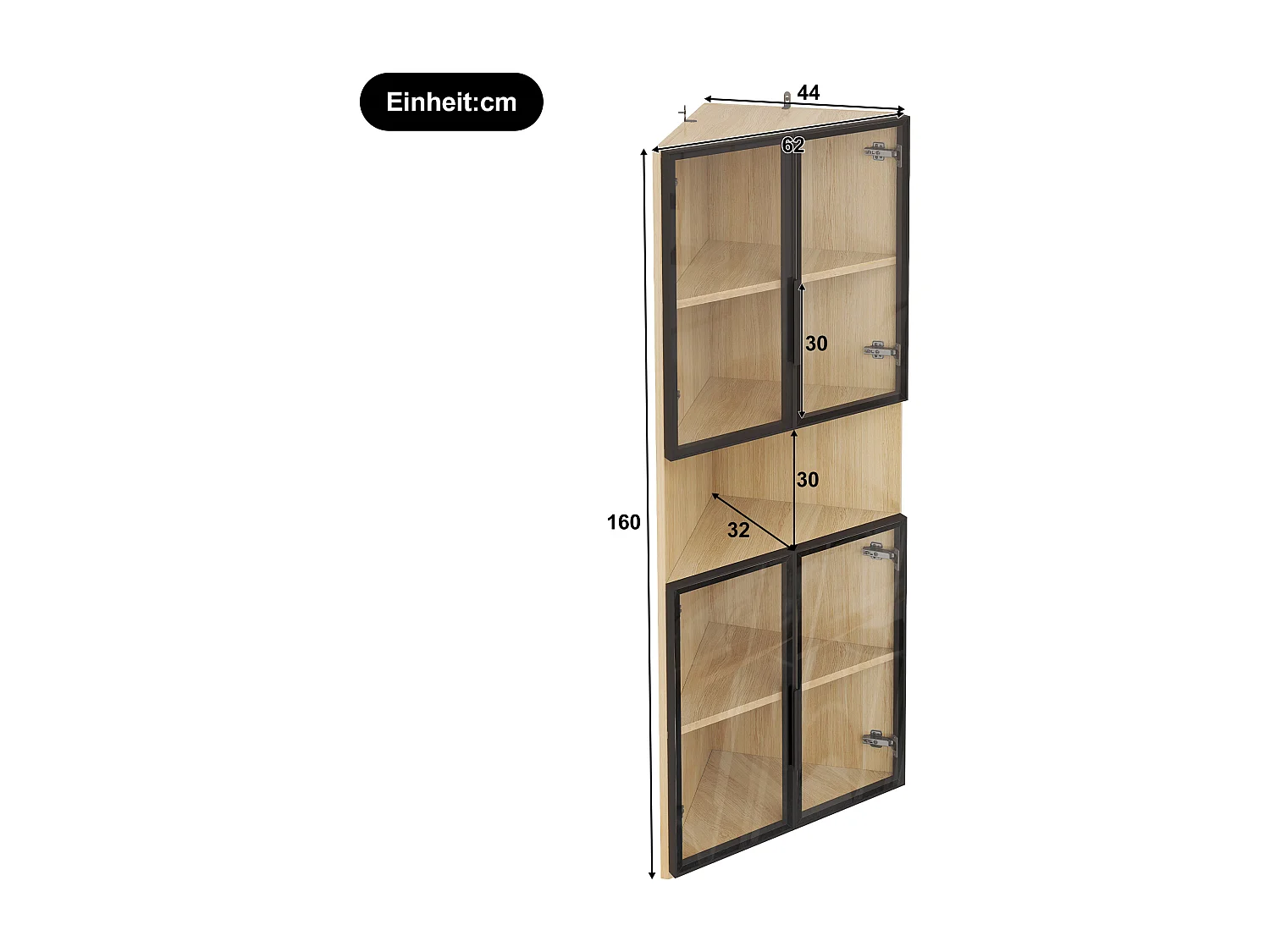 Vitrine 62x32x160 cm - mit LED-Beleuchtung - 4 Türen aus Sicherheitsglas - Eichen-Oberfläche - MDF - Natur
