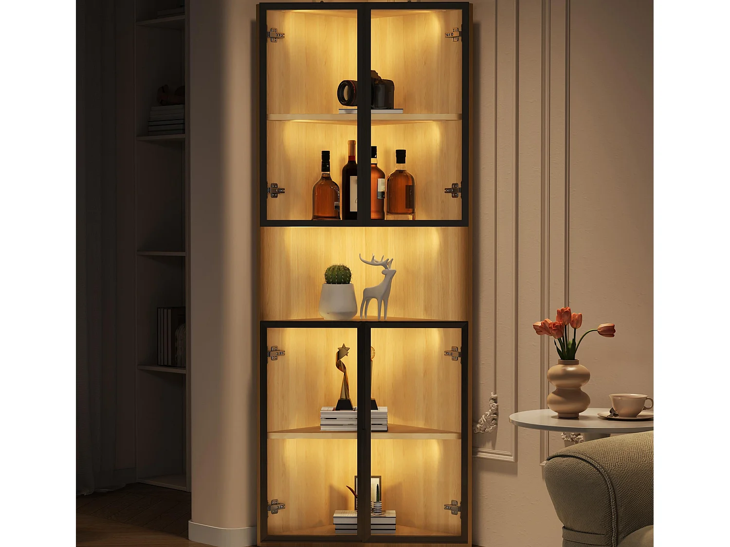 Display cabinet 62x32x160 cm - with LED lighting - 4 tempered glass doors - oak finish - MDF - Natural