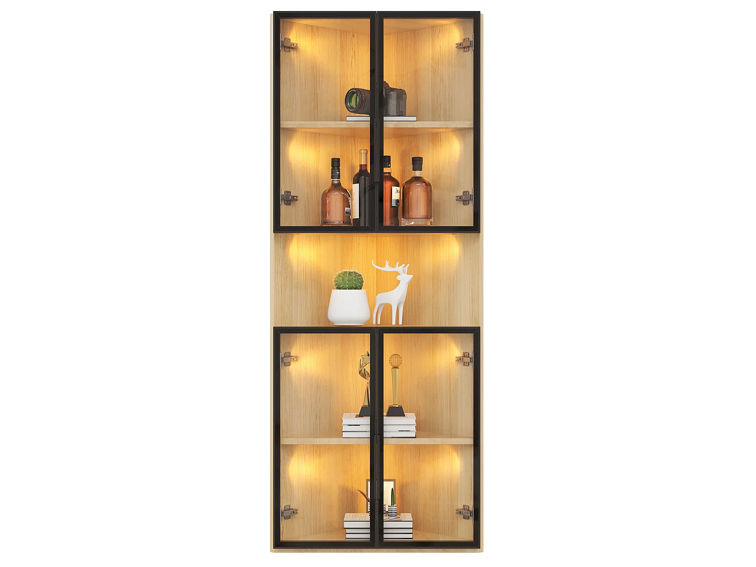 Display cabinet 62x32x160 cm - with LED lighting - 4 tempered glass doors - oak finish - MDF - Natural