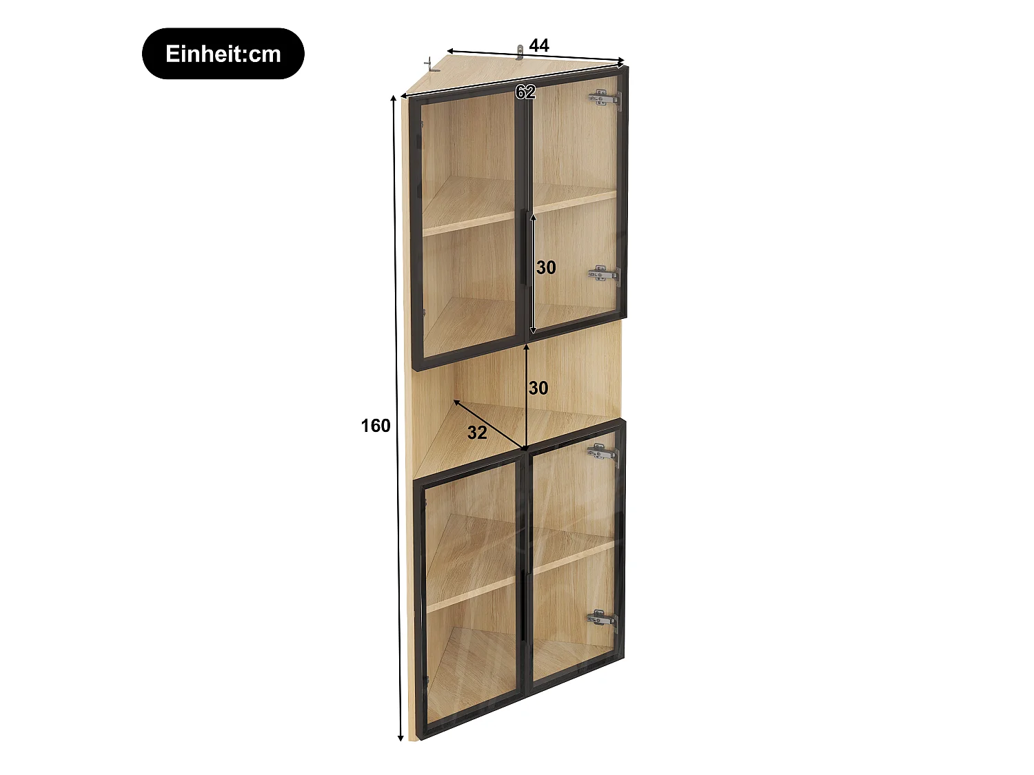 Display cabinet 62x32x160 cm - with LED lighting - 4 tempered glass doors - oak finish - MDF - Natural
