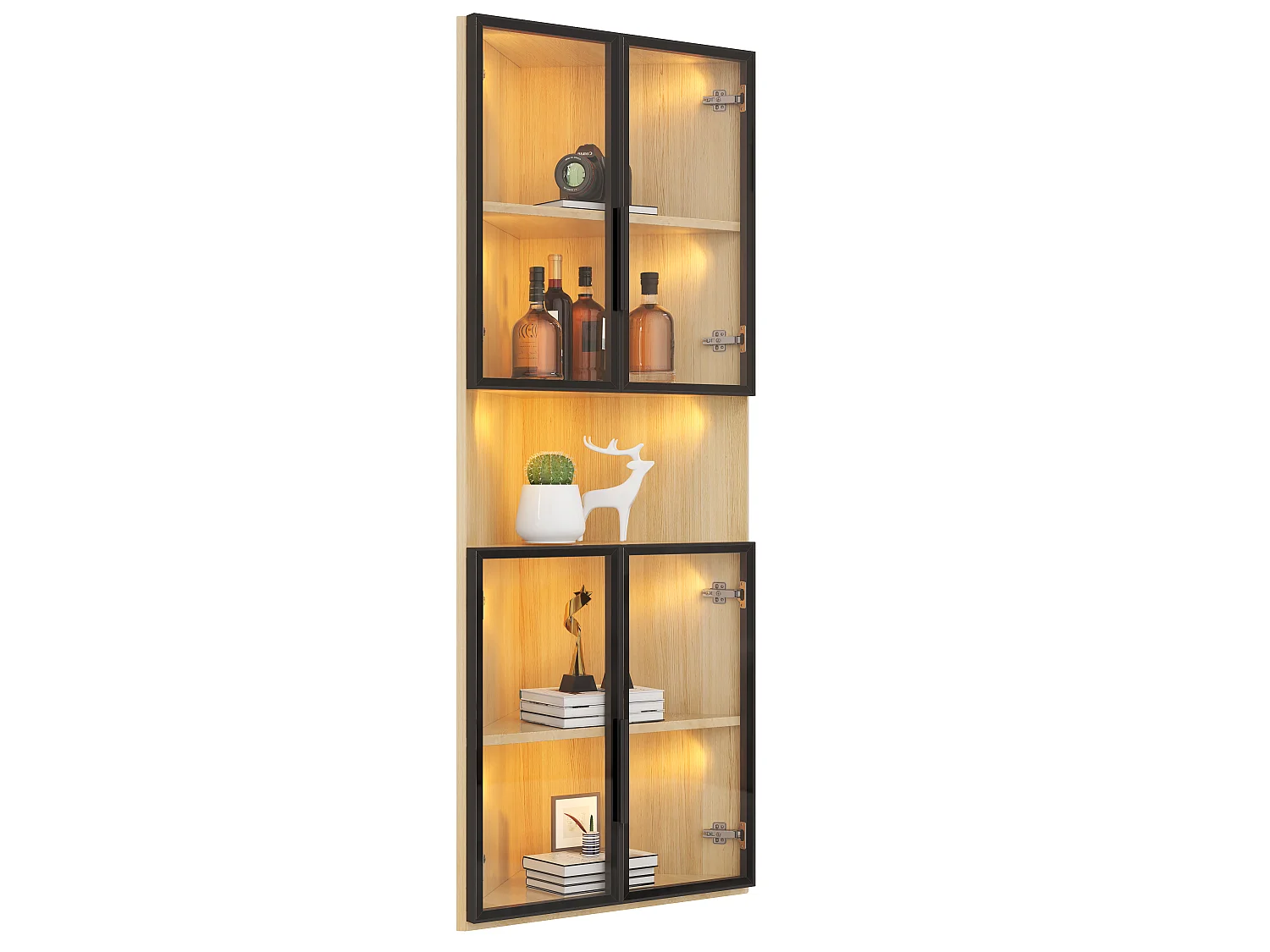 Display cabinet 62x32x160 cm - with LED lighting - 4 tempered glass doors - oak finish - MDF - Natural