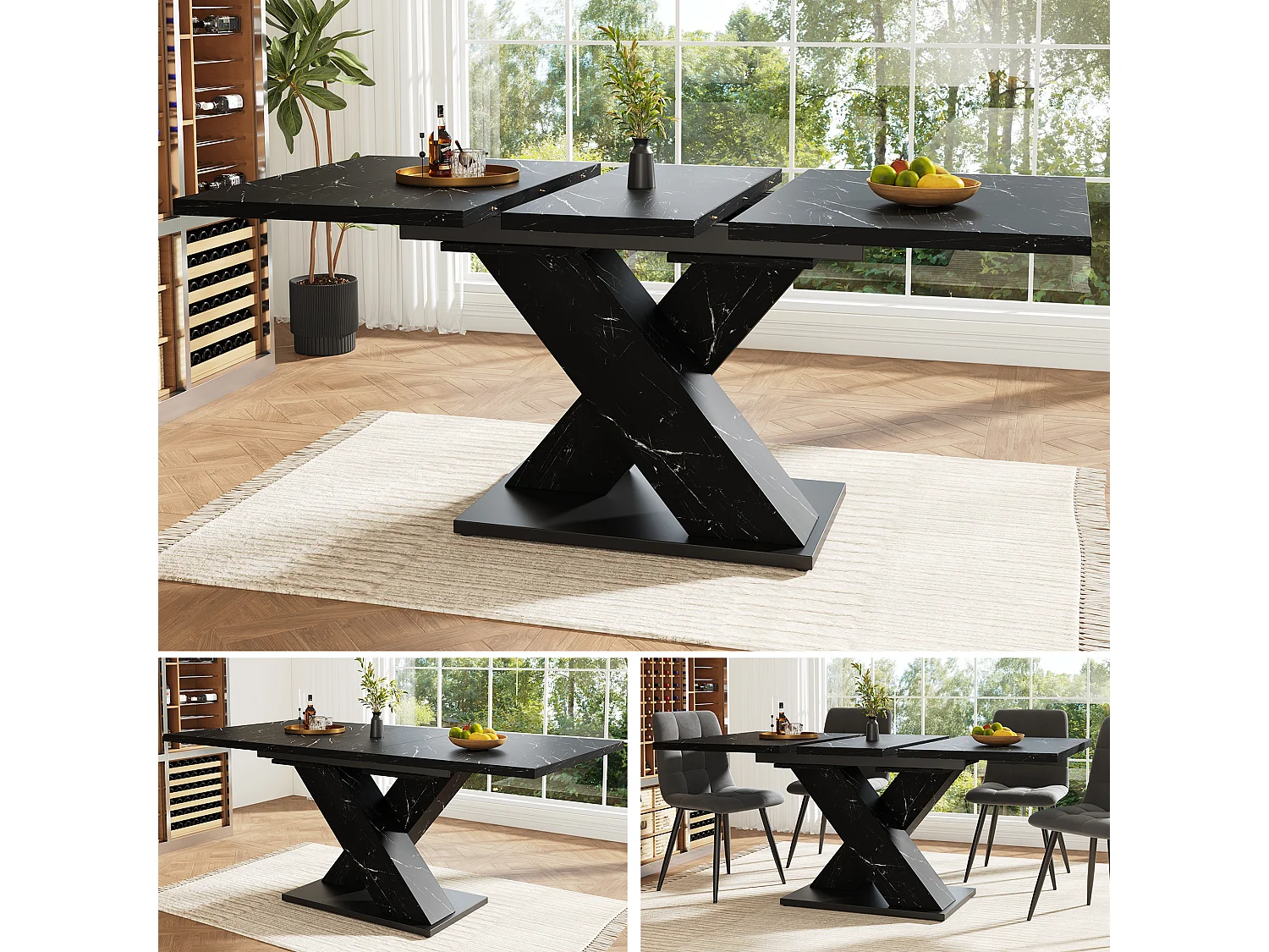 Table de salle à manger extensible aspect marbre 4-6 places - 119/158.5 x 80 x 75 cm -  design moderne en X - MDF - noir