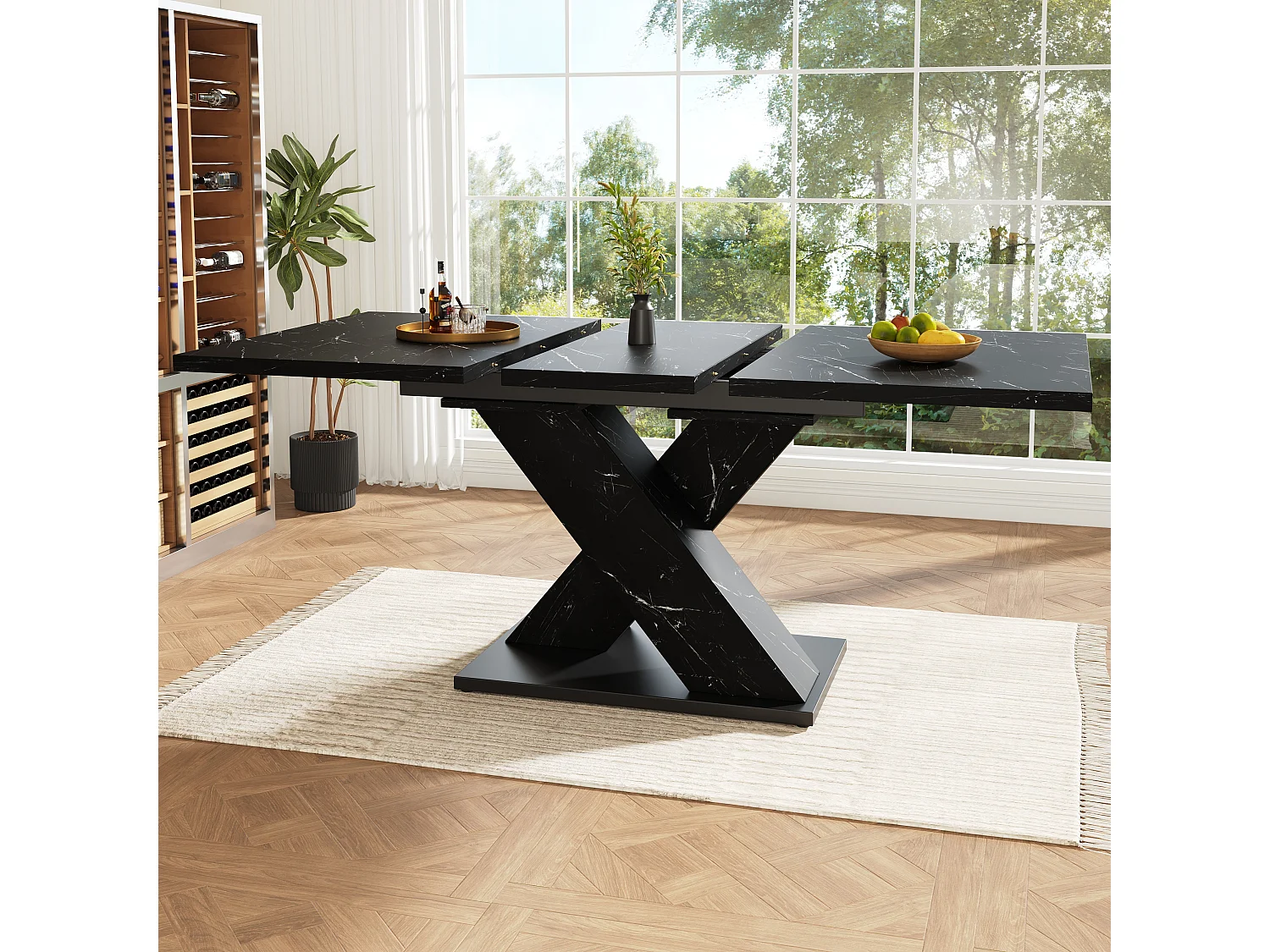 Table de salle à manger extensible aspect marbre 4-6 places - 119/158.5 x 80 x 75 cm -  design moderne en X - MDF - noir