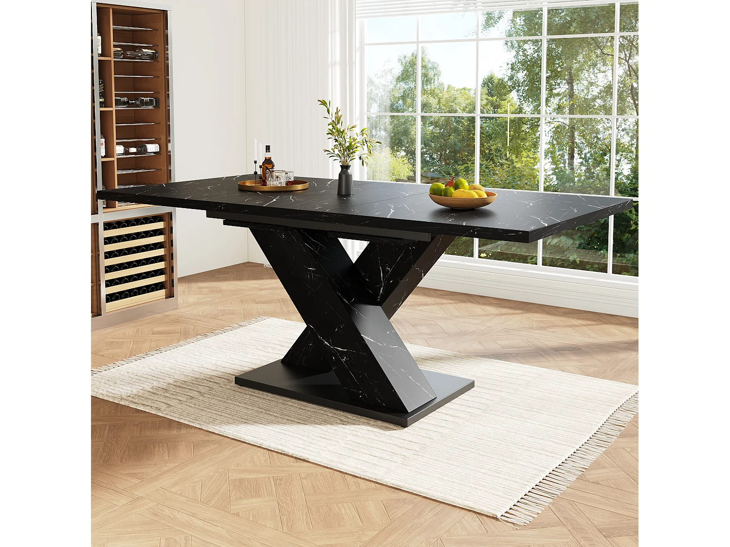 Table de salle à manger extensible aspect marbre 4-6 places - 119/158.5 x 80 x 75 cm -  design moderne en X - MDF - noir