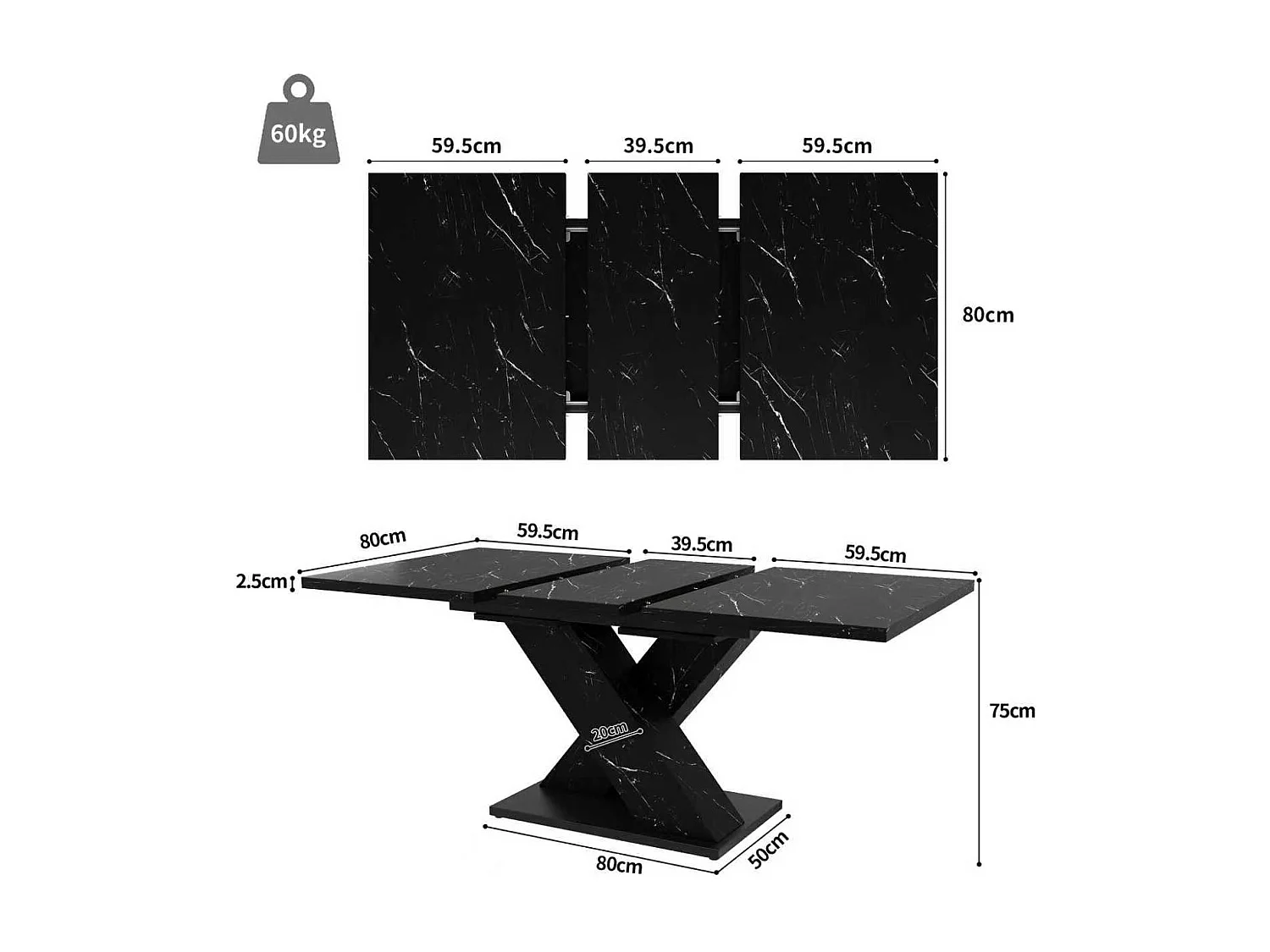 Table de salle à manger extensible aspect marbre 4-6 places - 119/158.5 x 80 x 75 cm -  design moderne en X - MDF - noir