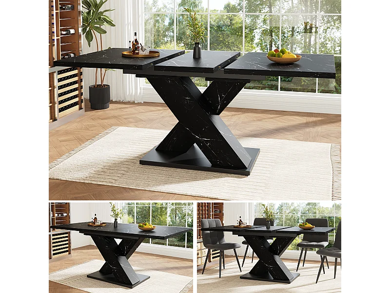 Table de salle à manger extensible aspect marbre 4-6 places - 119/158.5 x 80 x 75 cm -  design moderne en X - MDF - noir