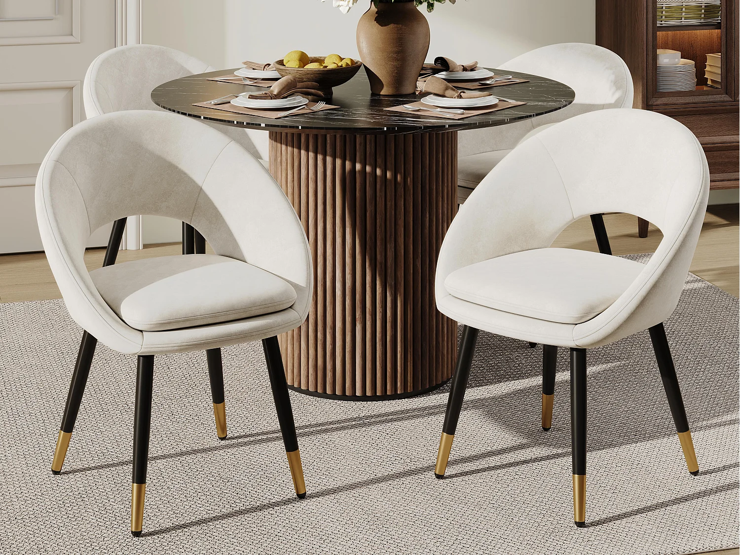 Kit di 4 sedie - Con schienale ergonomico - Stile moderno - Tessuto velluto - Beige