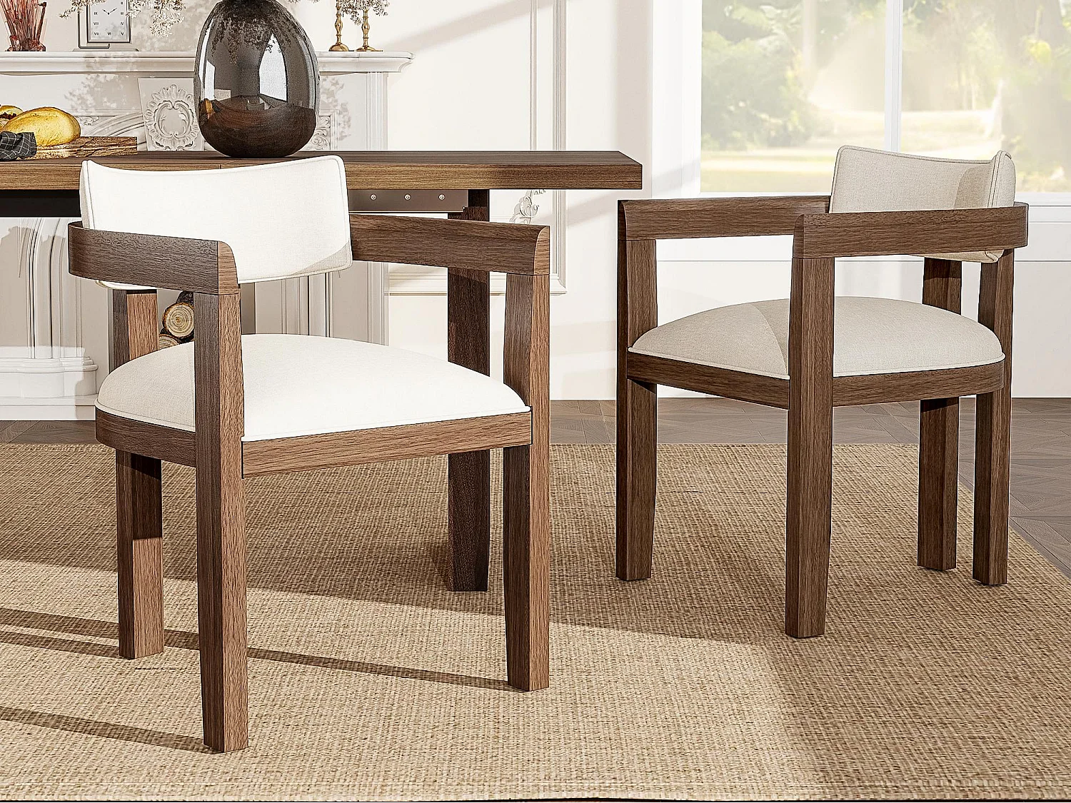 Kit di 2 sedie in legno massello con braccioli - struttura in legno massello - rivestimento in lino - marrone